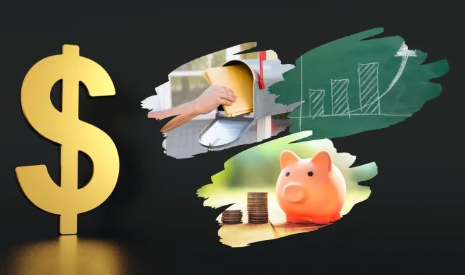 postcard, a mailbox, and financial icons like a dollar sign, piggy bank, and bar chart