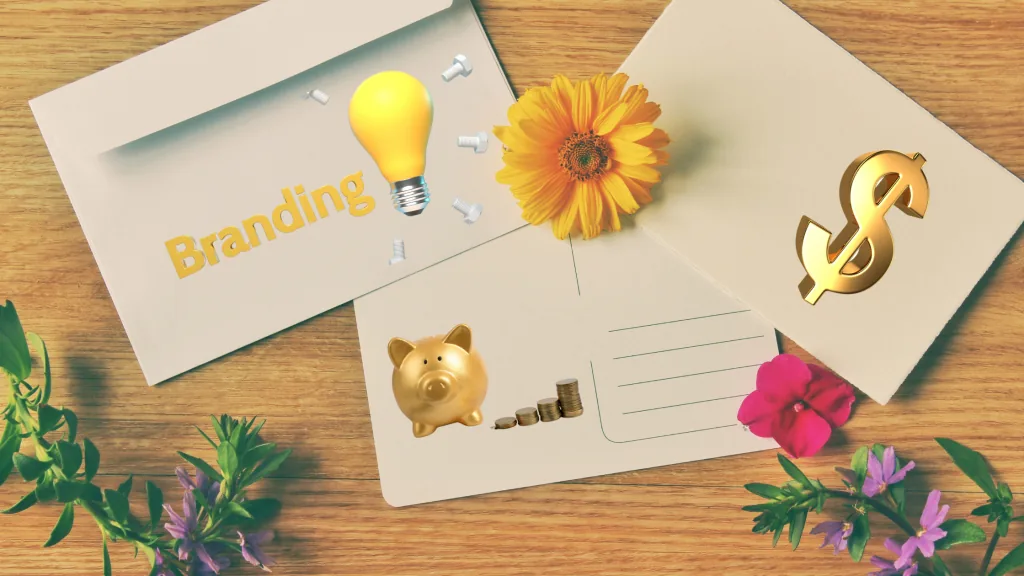 custom-designed postcards with finance-related icons and colors, showcasing a strong brand identity.
