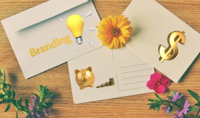 custom-designed postcards with finance-related icons and colors, showcasing a strong brand identity.