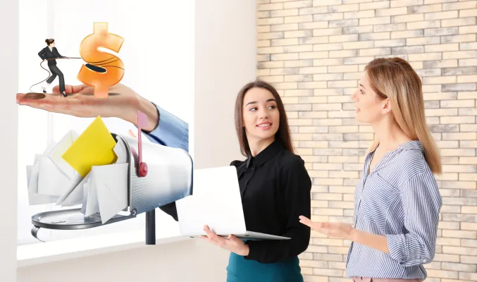 hand placing a postcard into a mailbox, with financial service icons and diverse client profiles in the background
