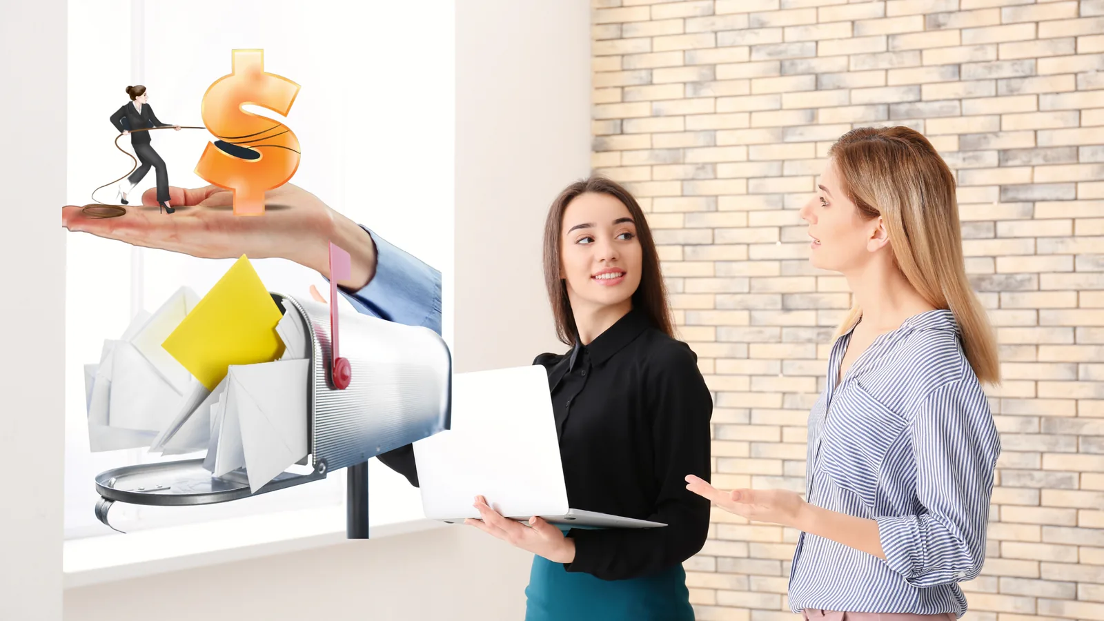 hand placing a postcard into a mailbox, with financial service icons and diverse client profiles in the background